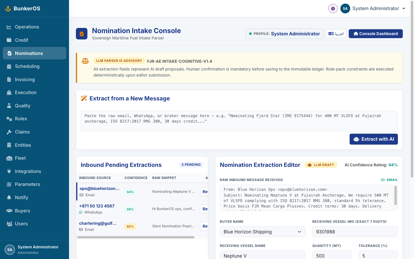 BunkerOS nomination intake console with AI-drafted extraction editor