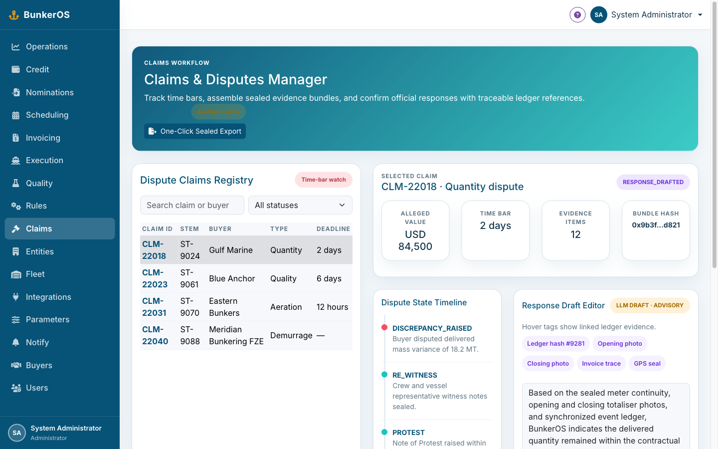 BunkerOS claims and disputes manager showing dispute state timeline and sealed evidence