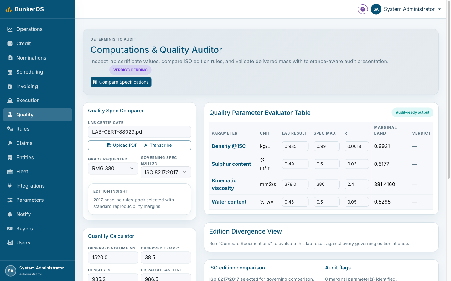 BunkerOS computations and quality auditor showing ISO 8217 parameter evaluation
