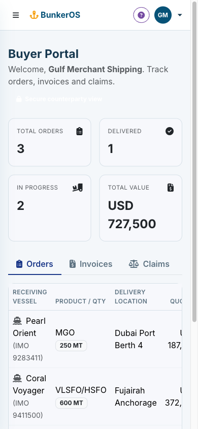 BunkerOS buyer portal mobile dashboard showing orders and total value